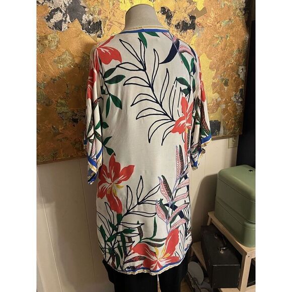 Flying Tomato Womens M/L Duster Kimono White Multi Hibiscus Print 3/4 Sleeves - Picture 4 of 9